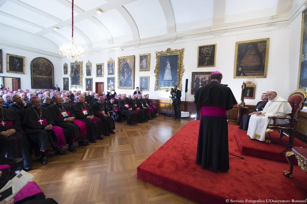 Bogotà (Colombia), 7 settembre 2017: Papa Francesco incontra vescovi e cardinali